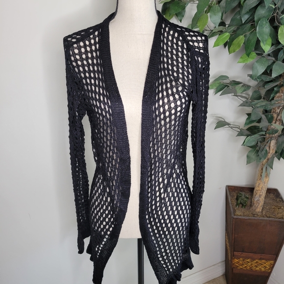 NEW Black Flounce Sleeve Knit Sheer Cardigan - Picture 6 of 8